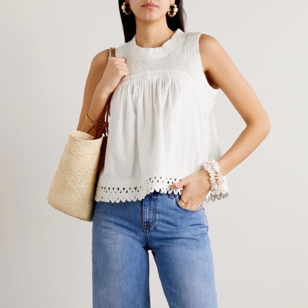 $365 Sea New York Willa Smocked Ric Rac Trimmed Cotton Blouse Top M